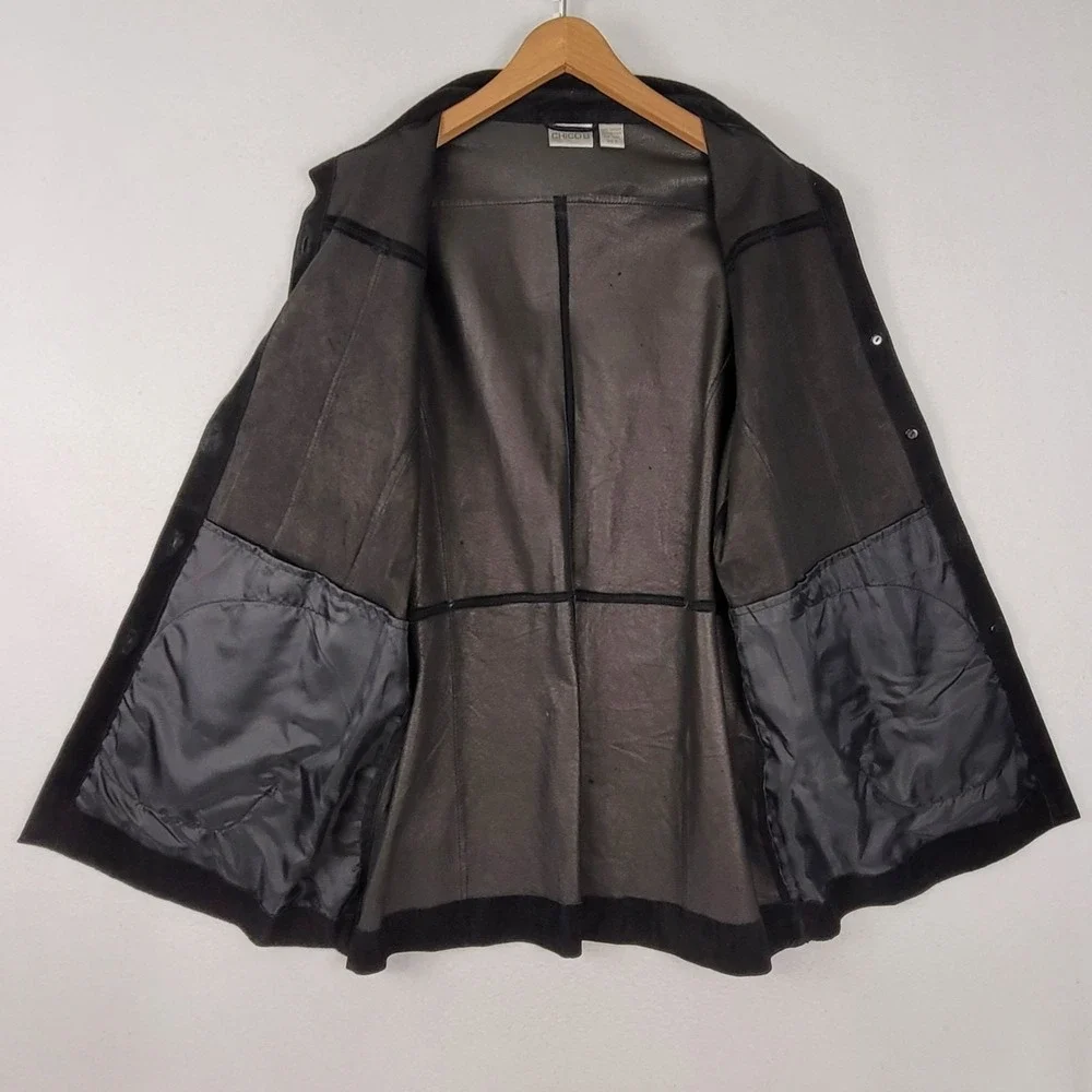 Chicos Vintage Black Suede Long Jacket Button Front Collared Size 3 / X-Large
